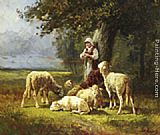 Woodland Canvas Paintings - A Shepherdess With Her Flock In A Woodland Clearing